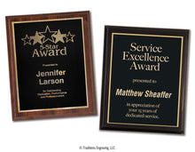 Load image into Gallery viewer, Economy plaques available in woodgrain or all black.