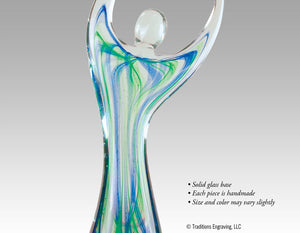 Close-up of Victory art glass award figure