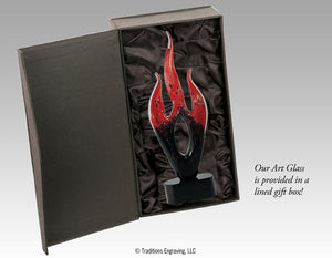 Red and black flame glass award in box