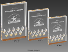 Load image into Gallery viewer, Three sizes of gold Mirage acrylic awards.