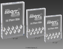 Load image into Gallery viewer, Three sizes of silver Mirage acrylic awards.